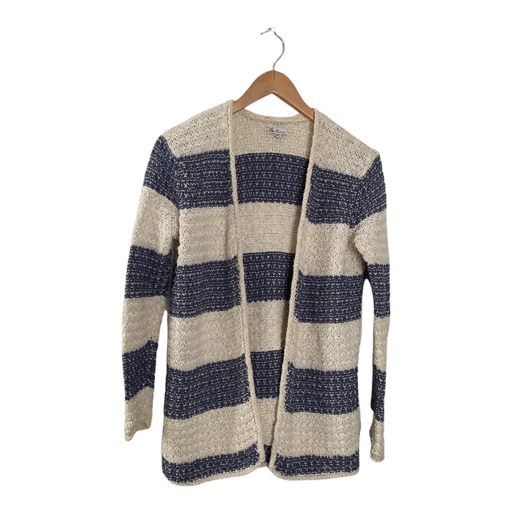 LL Bean Signature Cardigan Sweater XXS White Blue Striped Open Front Fisherman